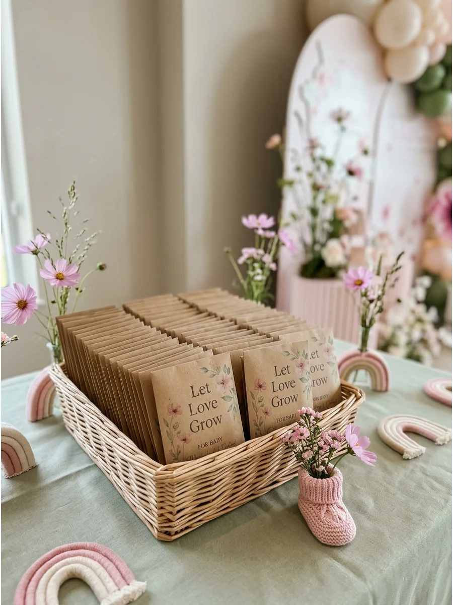 Kraft paper seed packets with a floral design and the words 'Let Love Grow' in a basket.