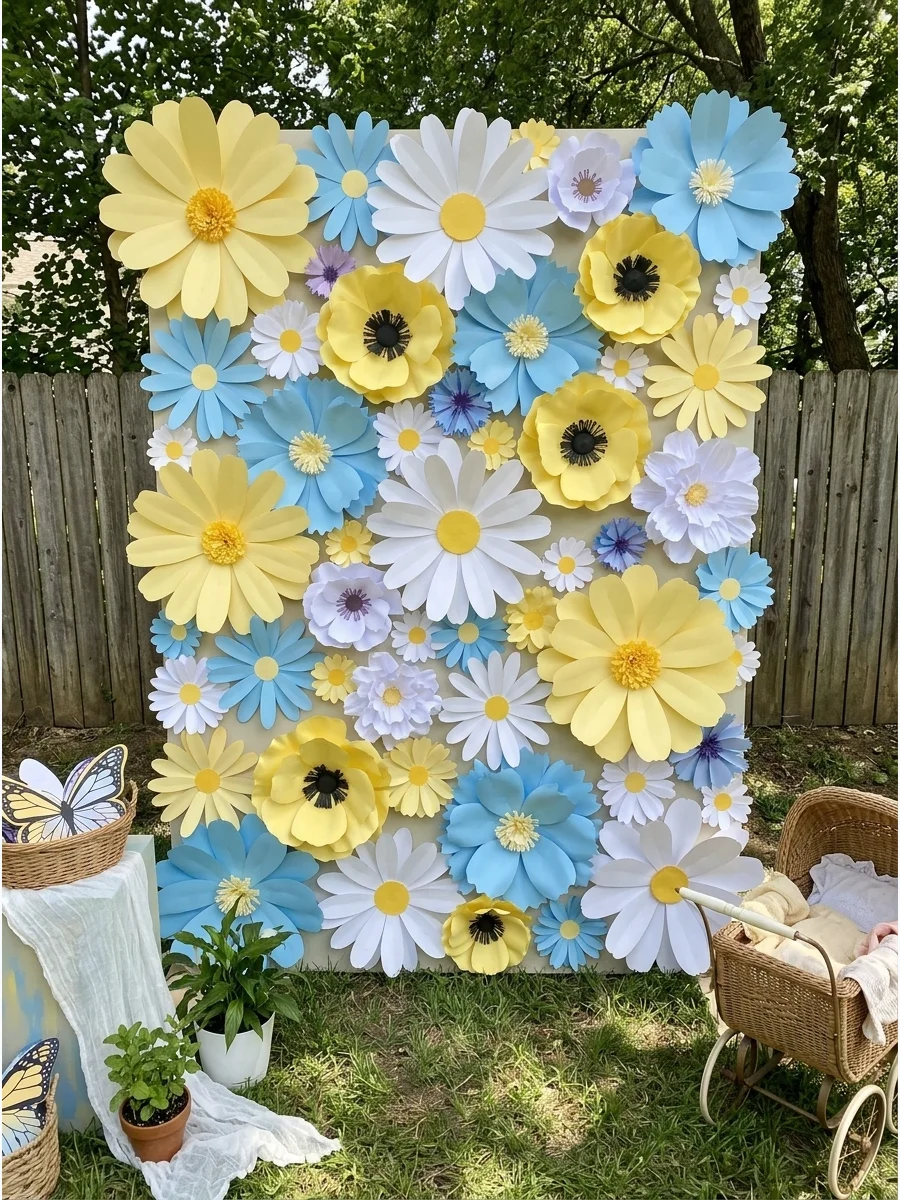 A wall covered in large, colorful paper wildflowers of different sizes.