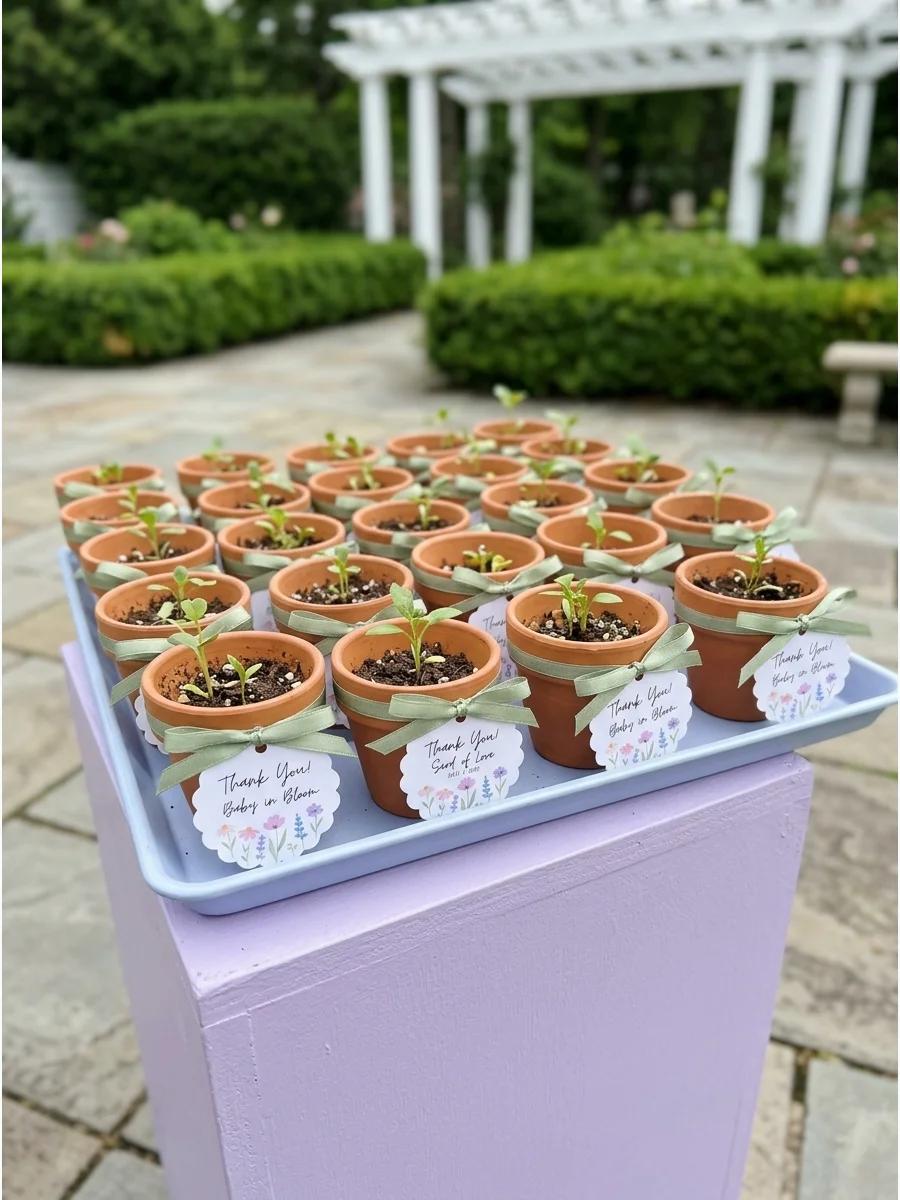 Small terracotta pots with seedlings and personalized tags used as baby shower favors.
