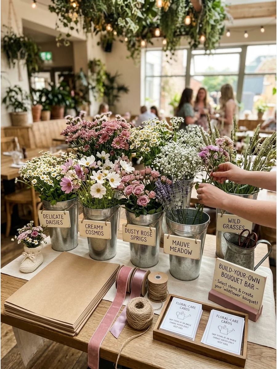 A DIY flower bouquet station with buckets of wildflowers and wrapping supplies.