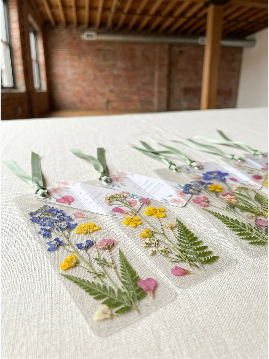Clear bookmarks decorated with dried wildflowers and silk ribbons.