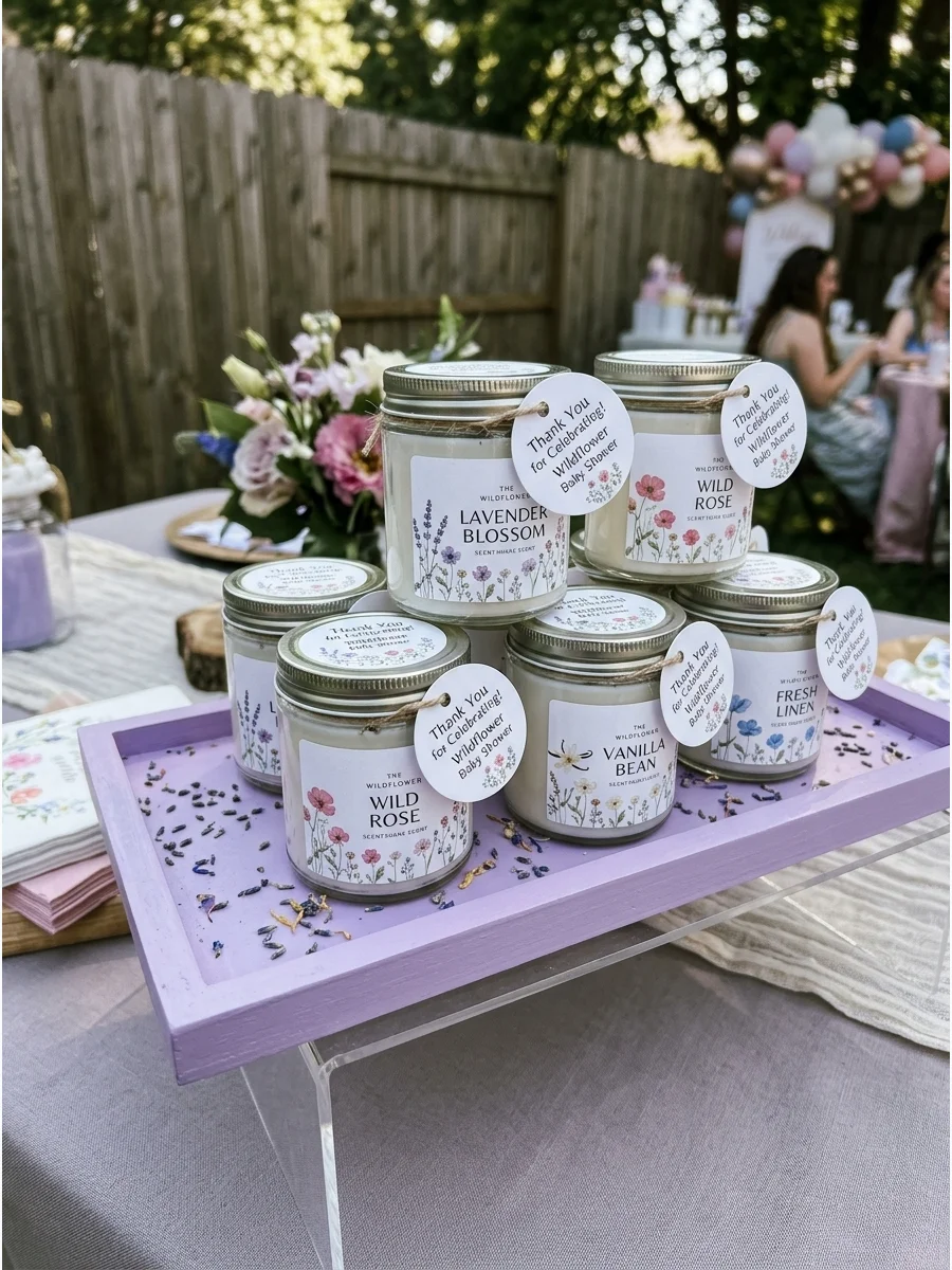 Small glass candles with botanical labels arranged on a wooden serving tray.