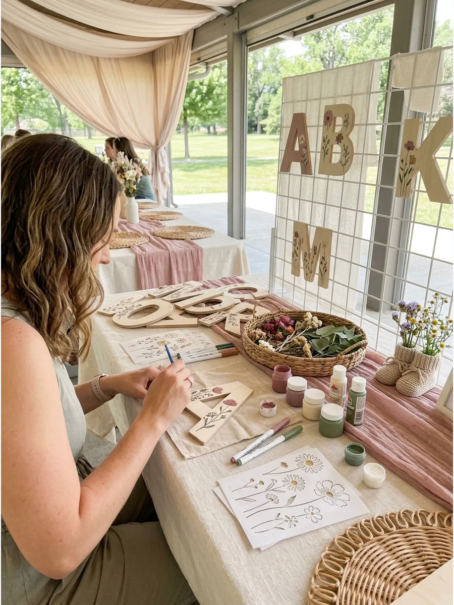 A person decorating a wooden alphabet letter with floral stencils and markers.