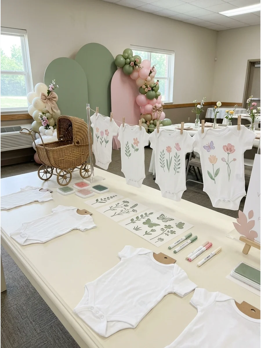 Baby bodysuits with hand-painted wildflower designs hanging on a string.