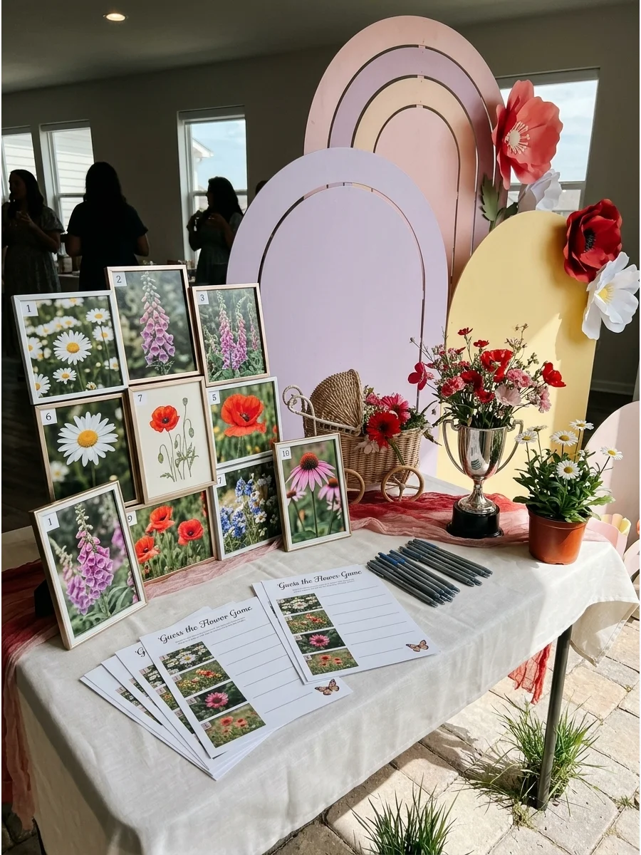 A wildflower identification game card sitting on a table next to a small floral arrangement.