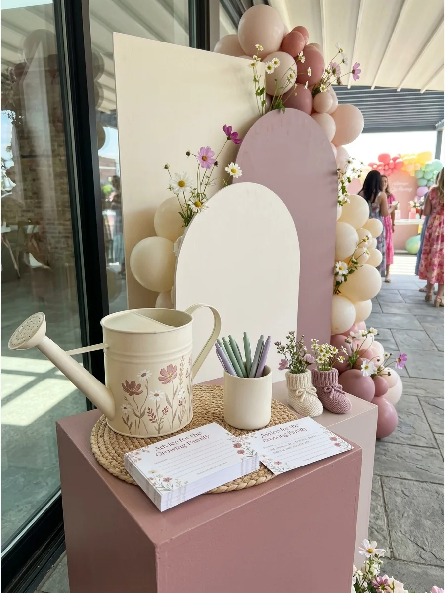 A cream watering can used as a collection box for parenting advice cards.