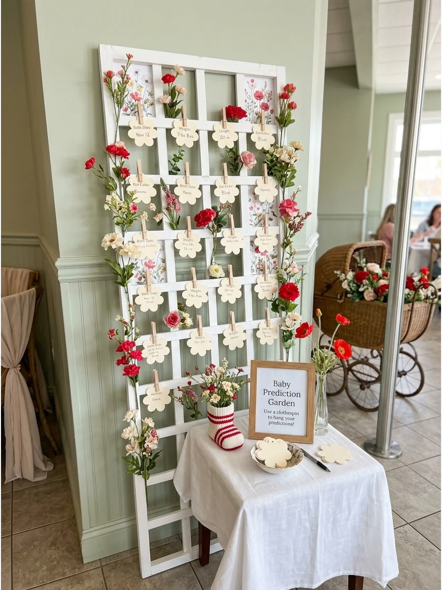 A garden trellis displaying flower-shaped cards with baby predictions.