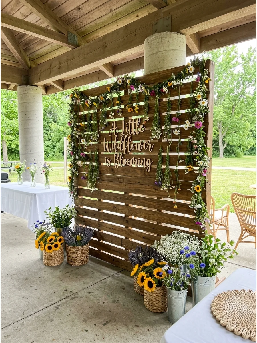 A wooden backdrop with floral garlands and baskets of flowers at the base.