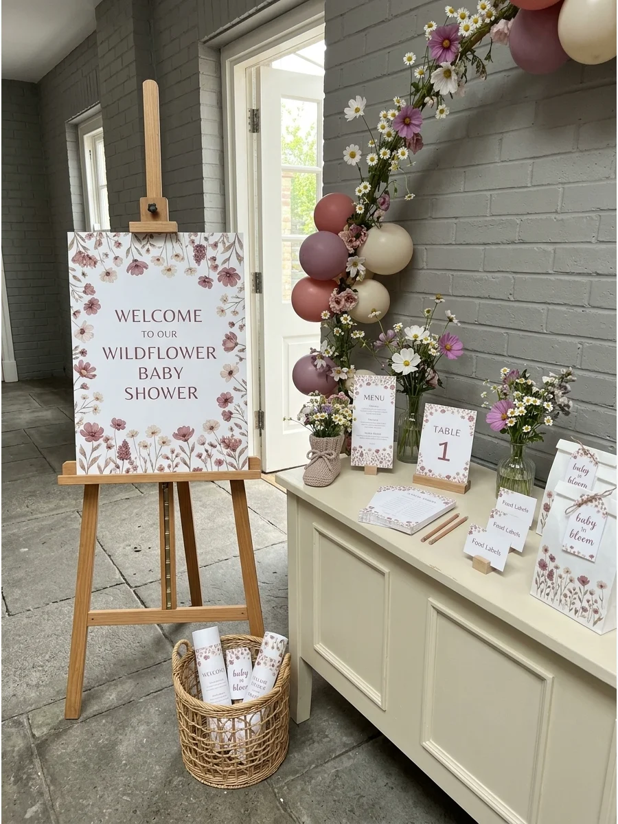 A wooden welcome sign for a baby shower featuring watercolor wildflower illustrations.