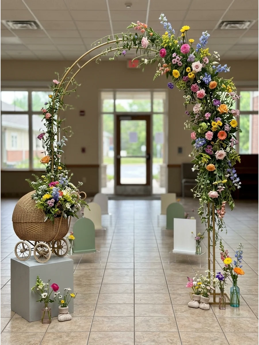 An airy floral arch with colorful wildflowers and green vines.