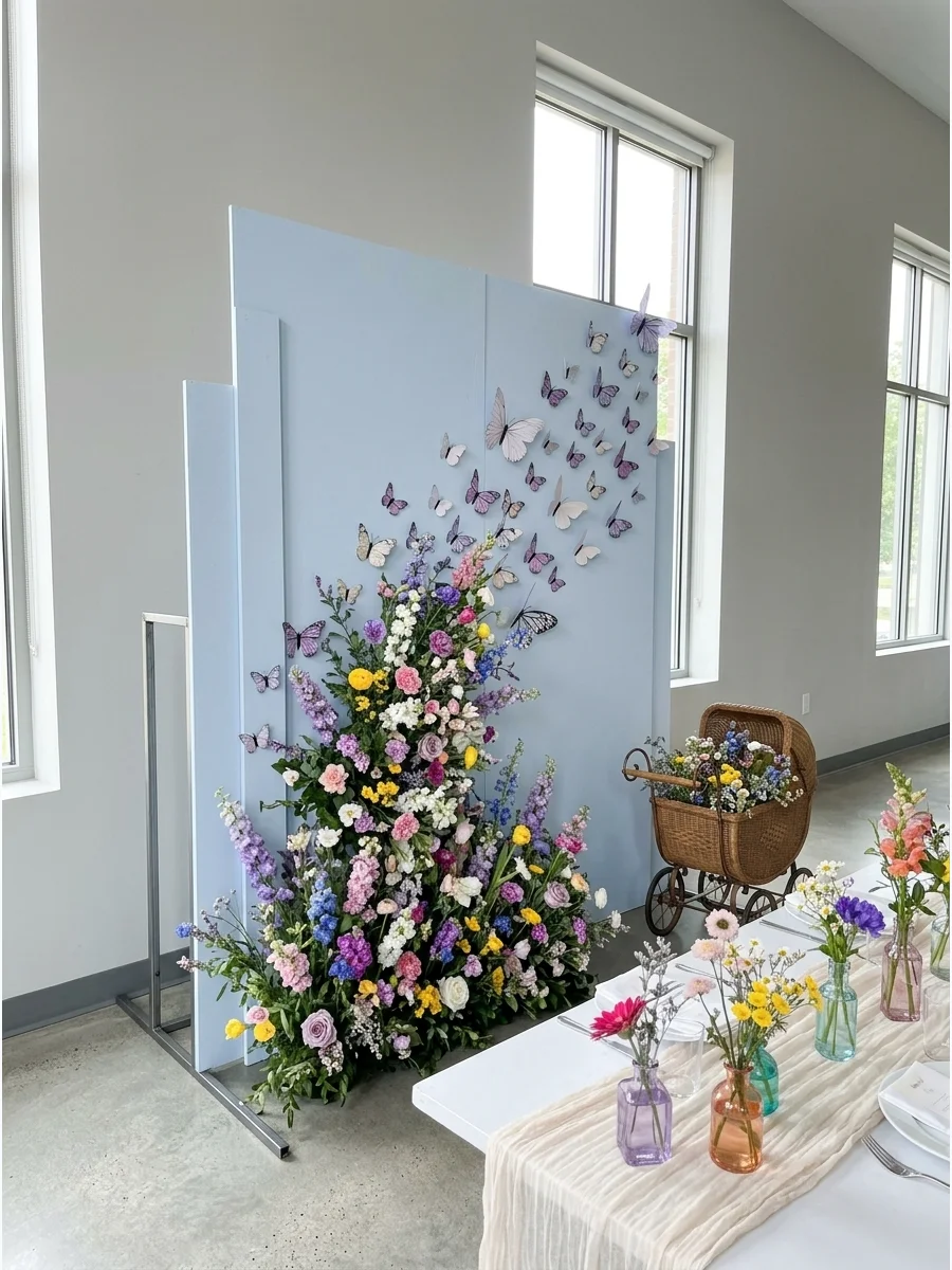 A floral backdrop with 3D paper butterflies flying toward the top.