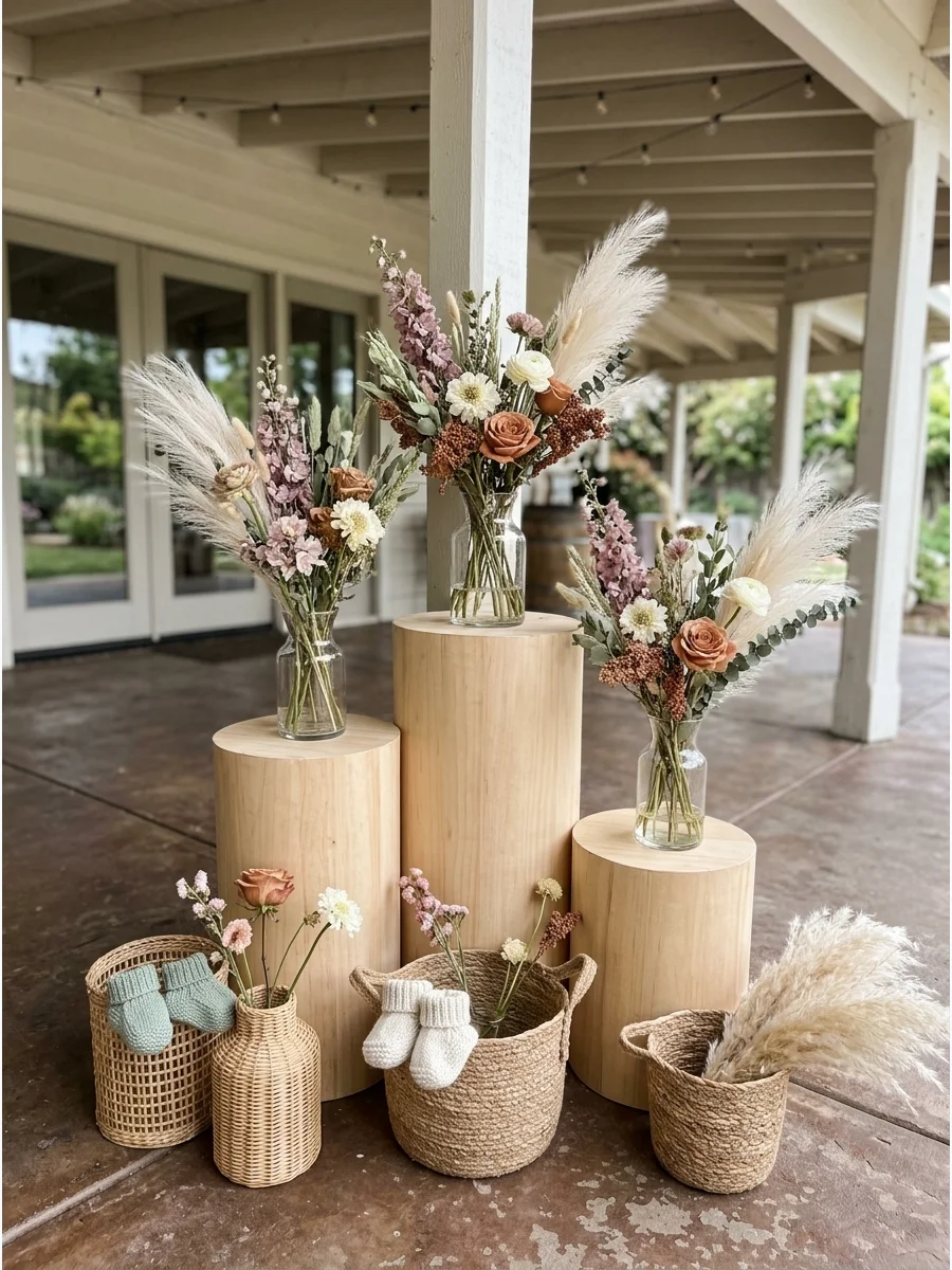 Neutral-toned floral arrangements on wooden pedestals with pampas grass.
