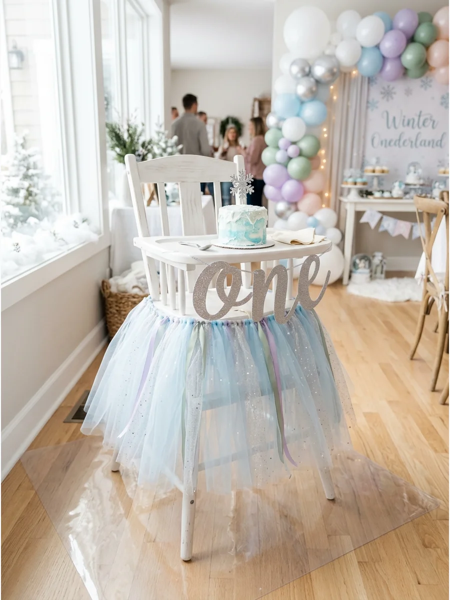 A white high chair decorated with a blue and silver tulle skirt and a silver ONE banner.