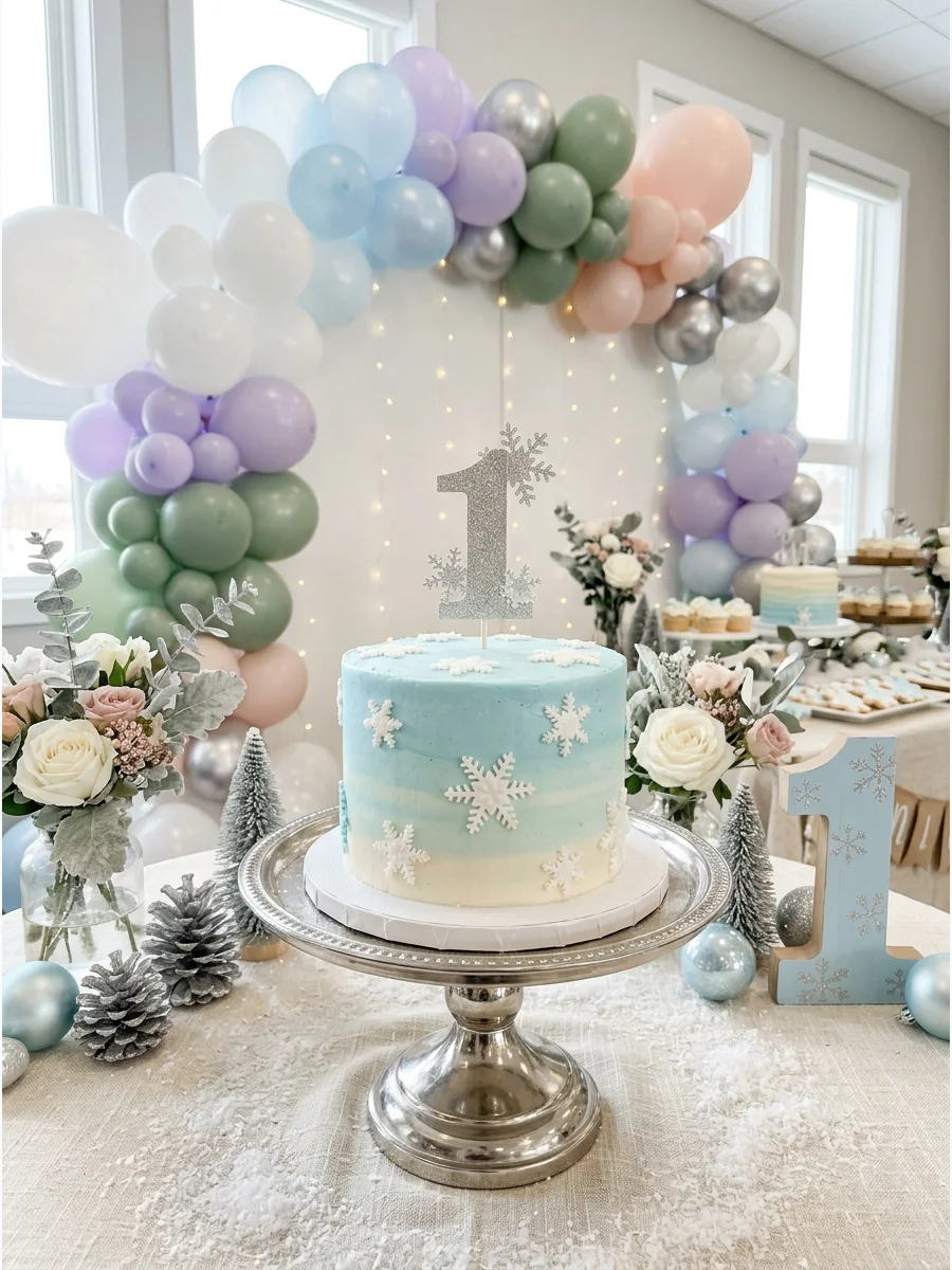 A small light blue ombre smash cake with silver snowflake decorations on a stand.