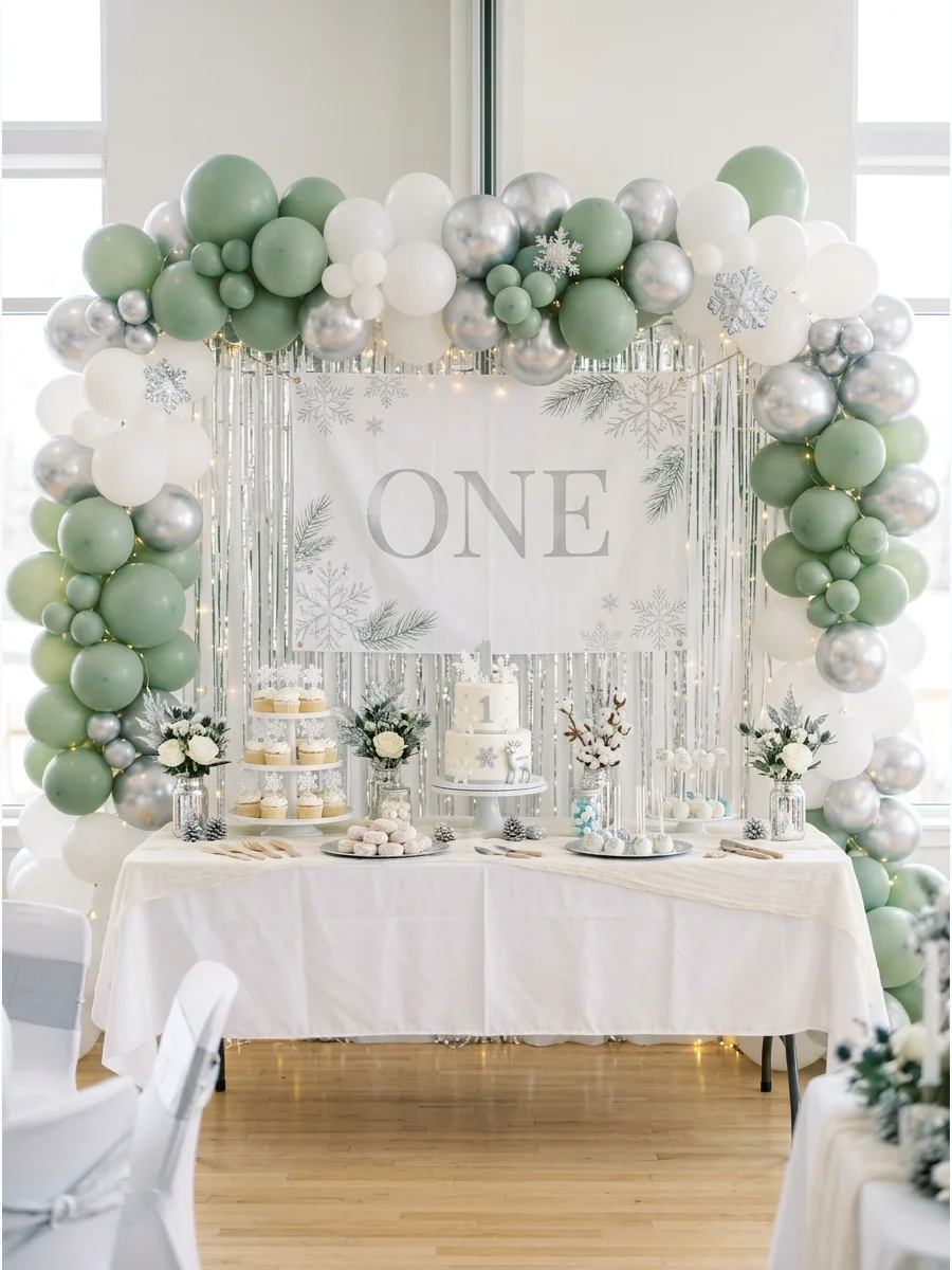 A dessert table featuring a sage green and silver balloon arch and tiered cupcake displays.