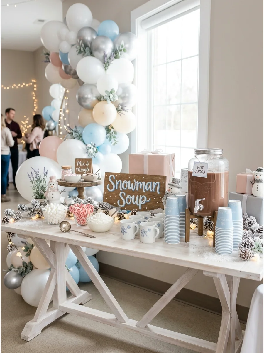 A hot cocoa station with marshmallows and candy canes labeled Snowman Soup.