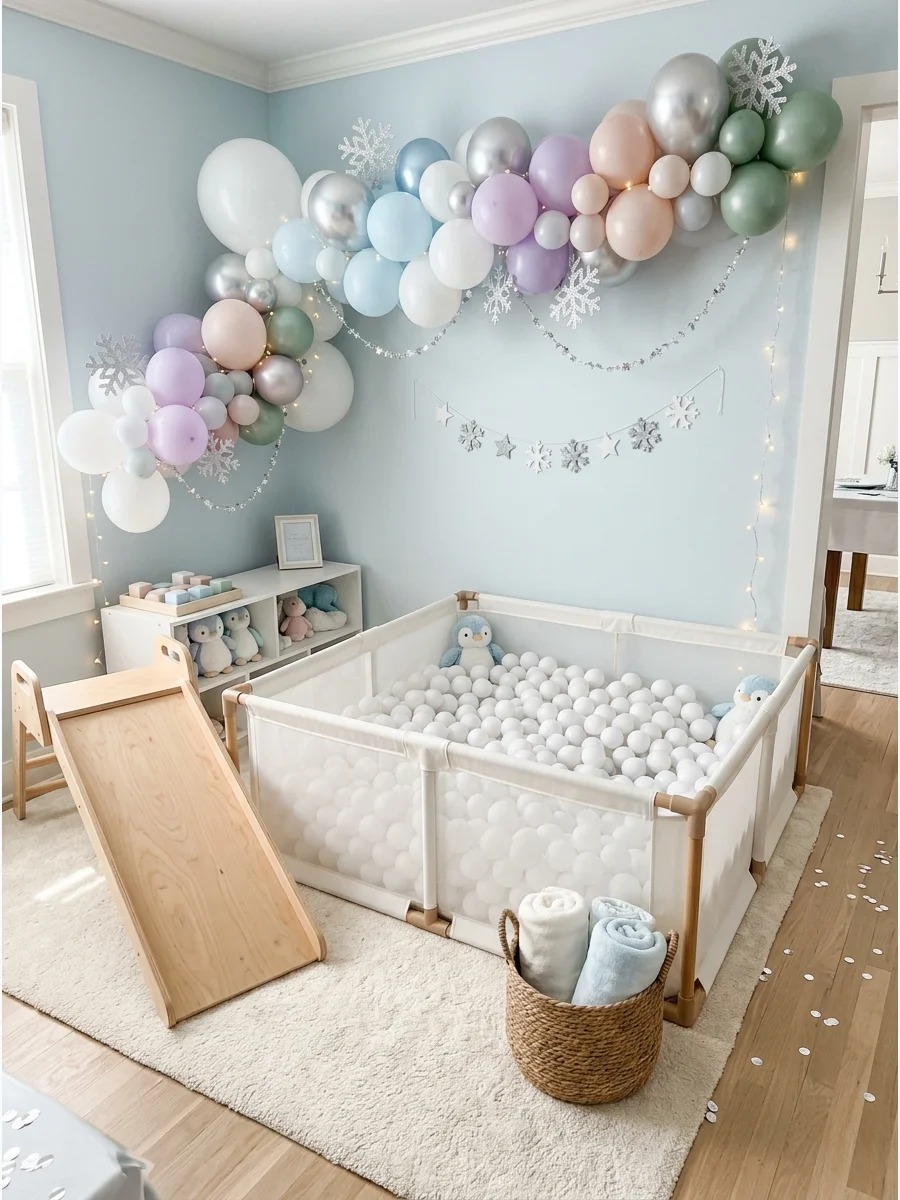 A white plush snowball pit in a bright room with light blue accents.