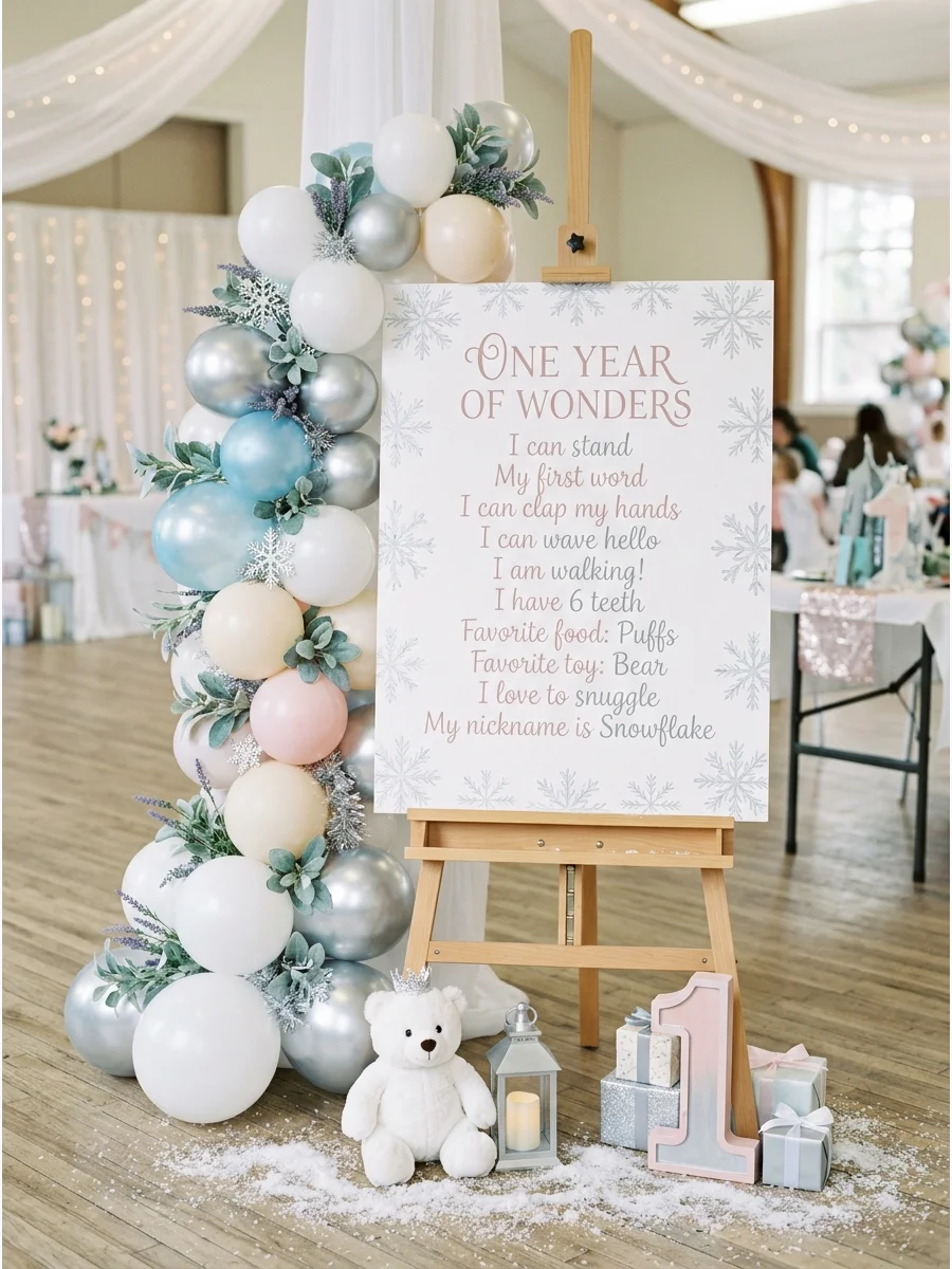 A blush pink and silver milestone board on an easel displaying a child's first year stats.