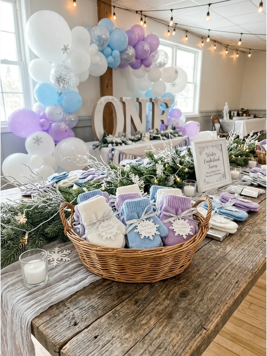 A basket of colorful toddler mittens tied with silver ribbons as party favors.