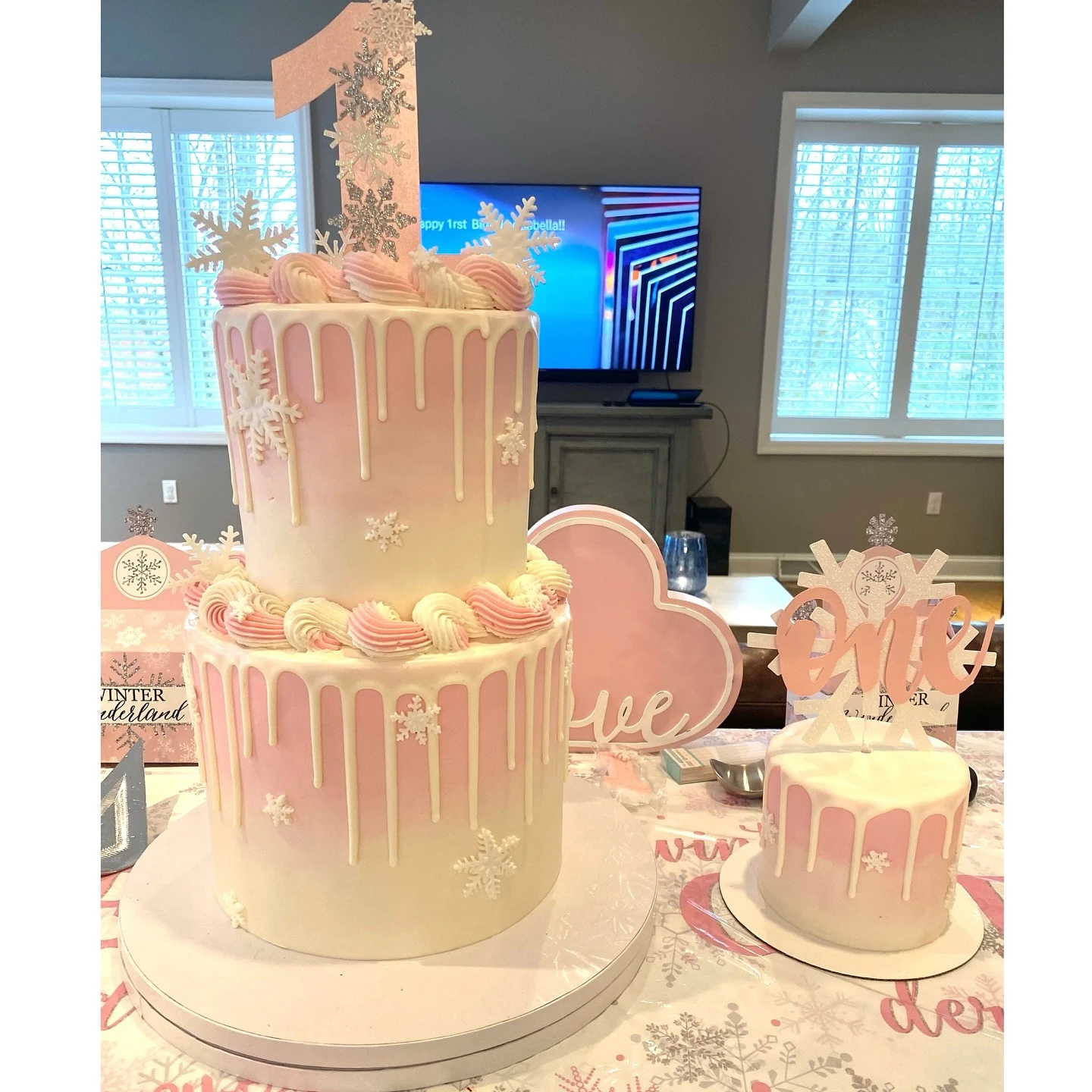Pink Drip Snowflake Cake winter onederland party