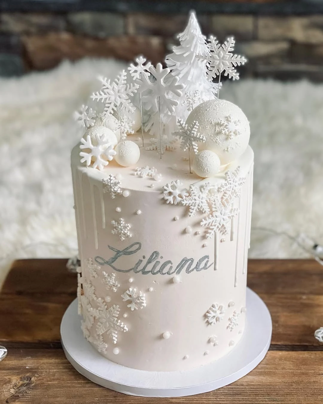 All-White Snowflake Drip Cake winter onederland party