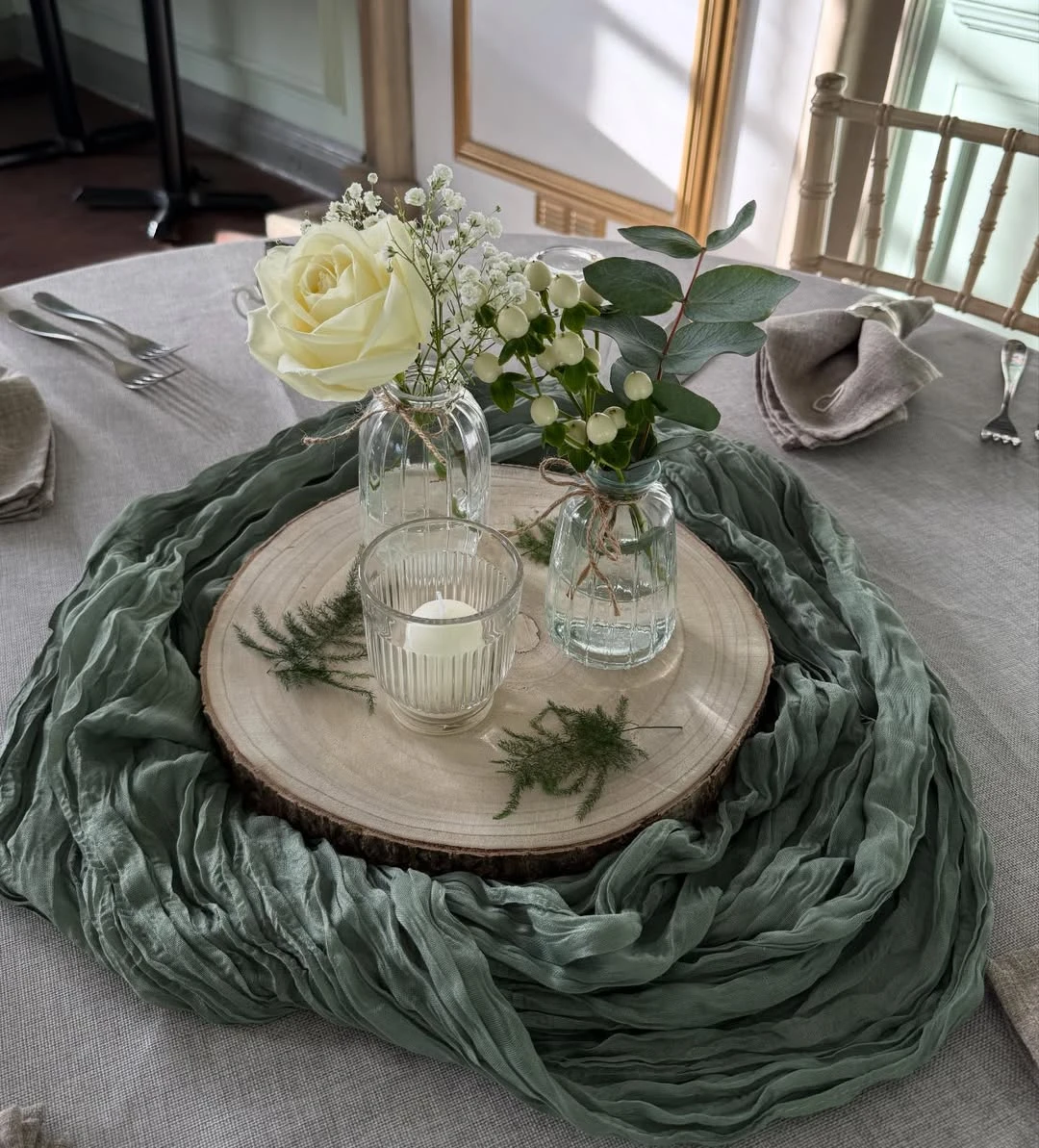 Gauze and Wood Centerpieces woodland baby shower
