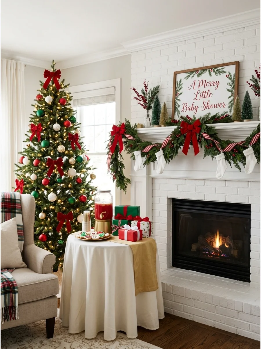 A festive living room with a Christmas tree and baby socks on the mantel.