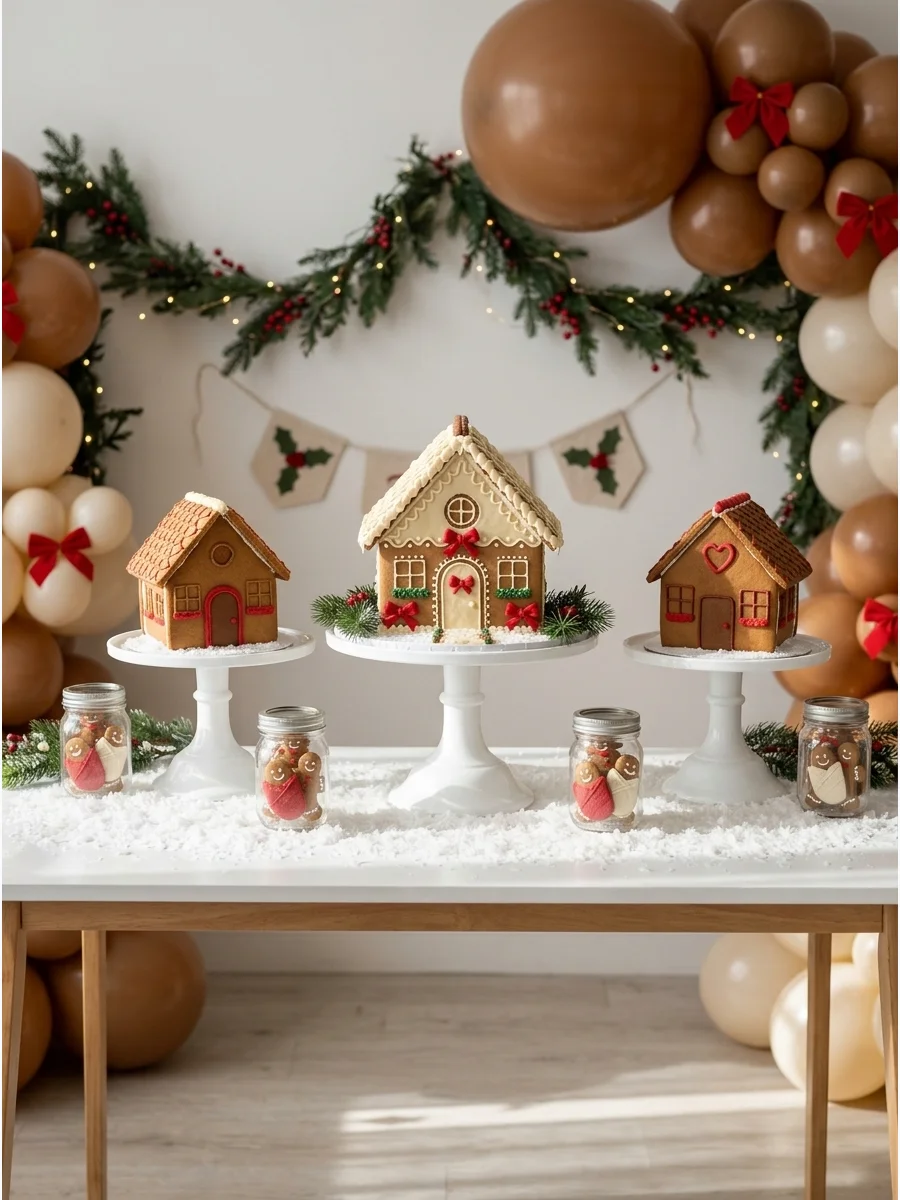Gingerbread houses on white stands with evergreen accents.