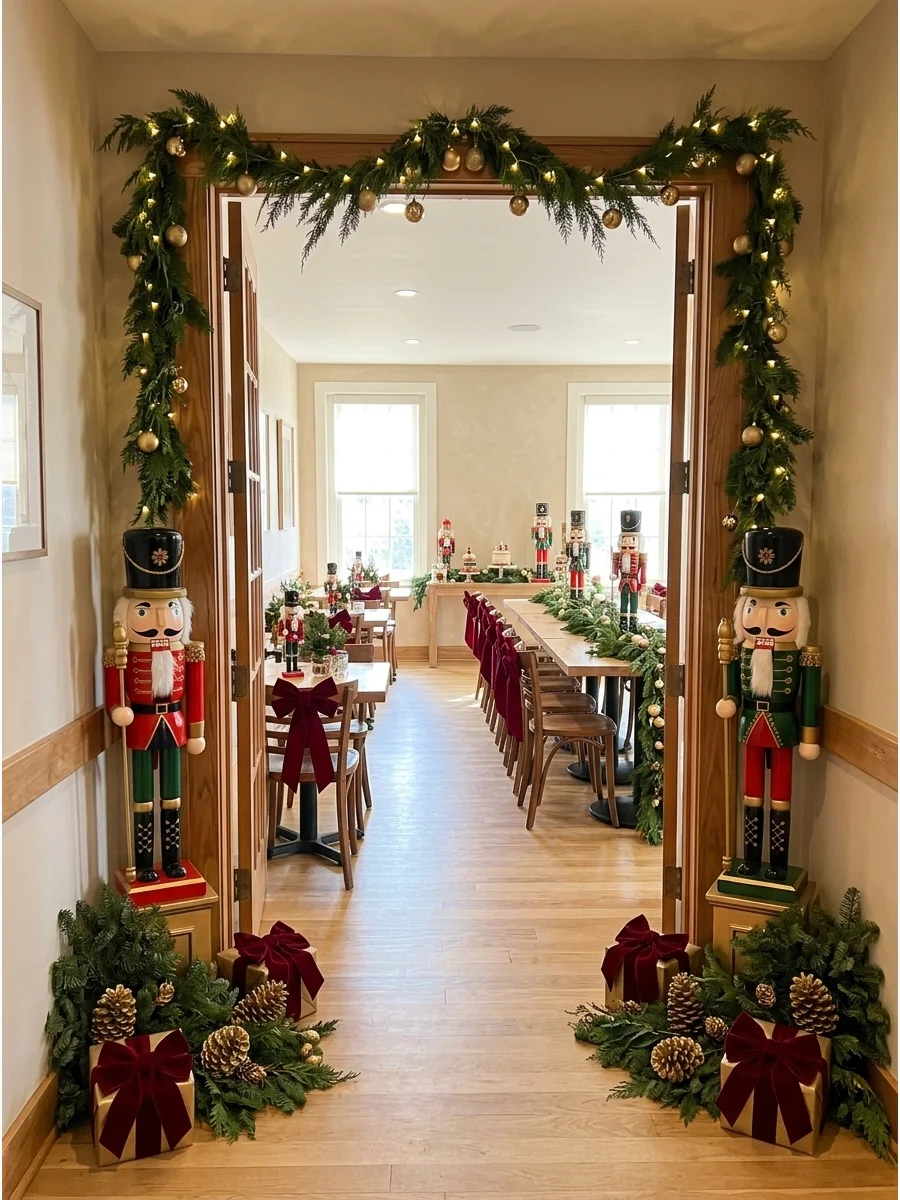 A festive dining table with nutcrackers and red bows.