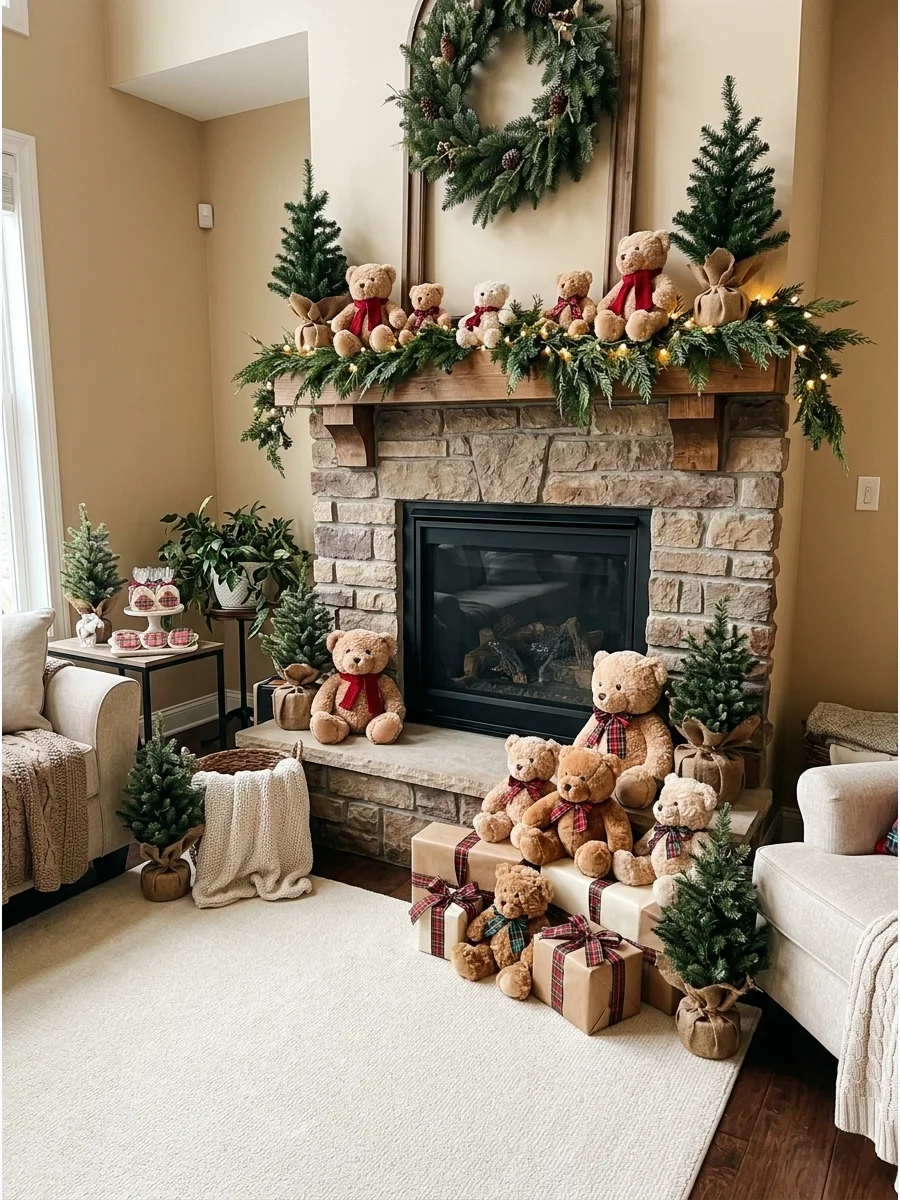 A cozy fireplace decorated with teddy bears and greenery.