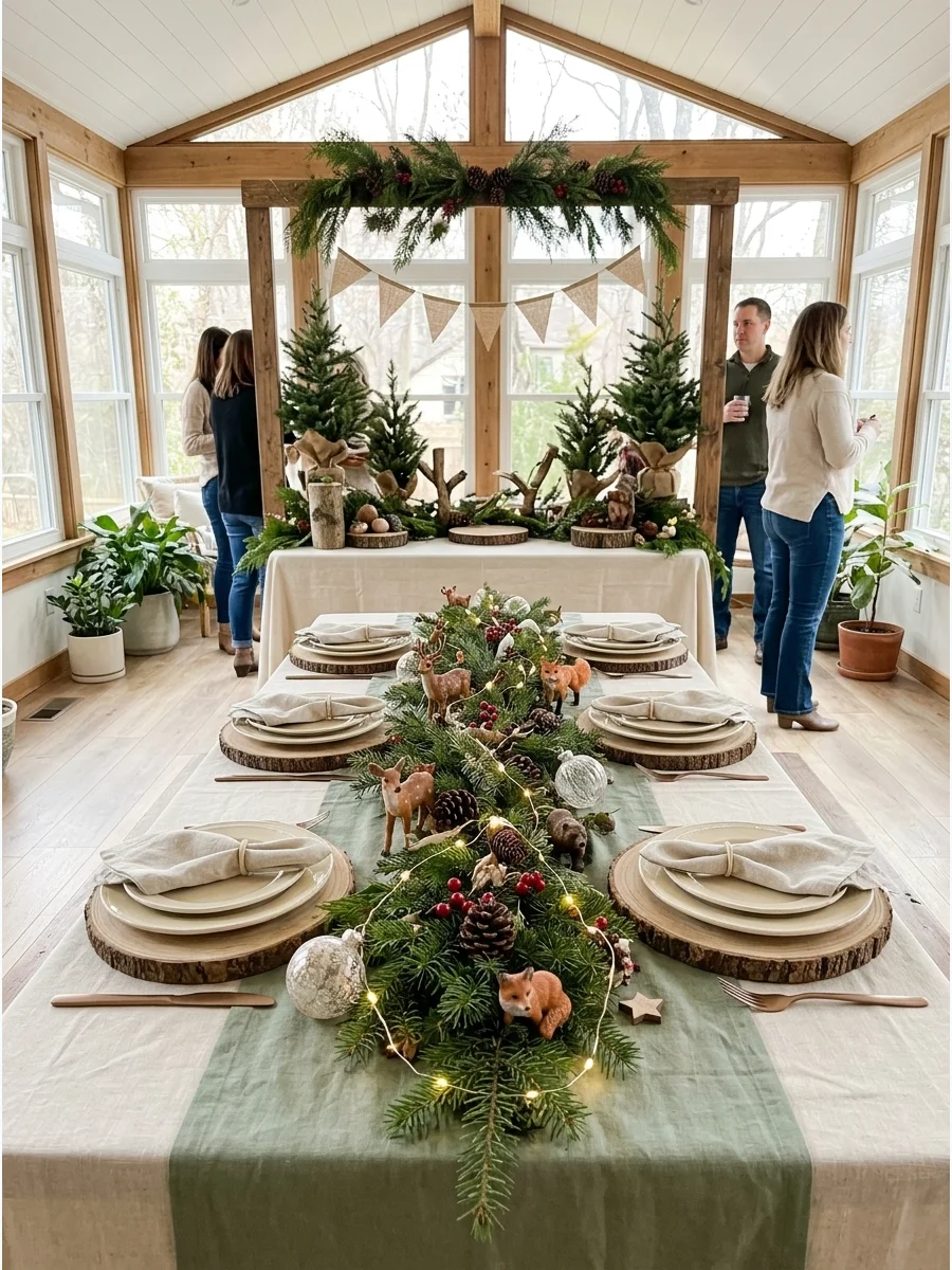 A bright sunroom with woodland-themed holiday decor.