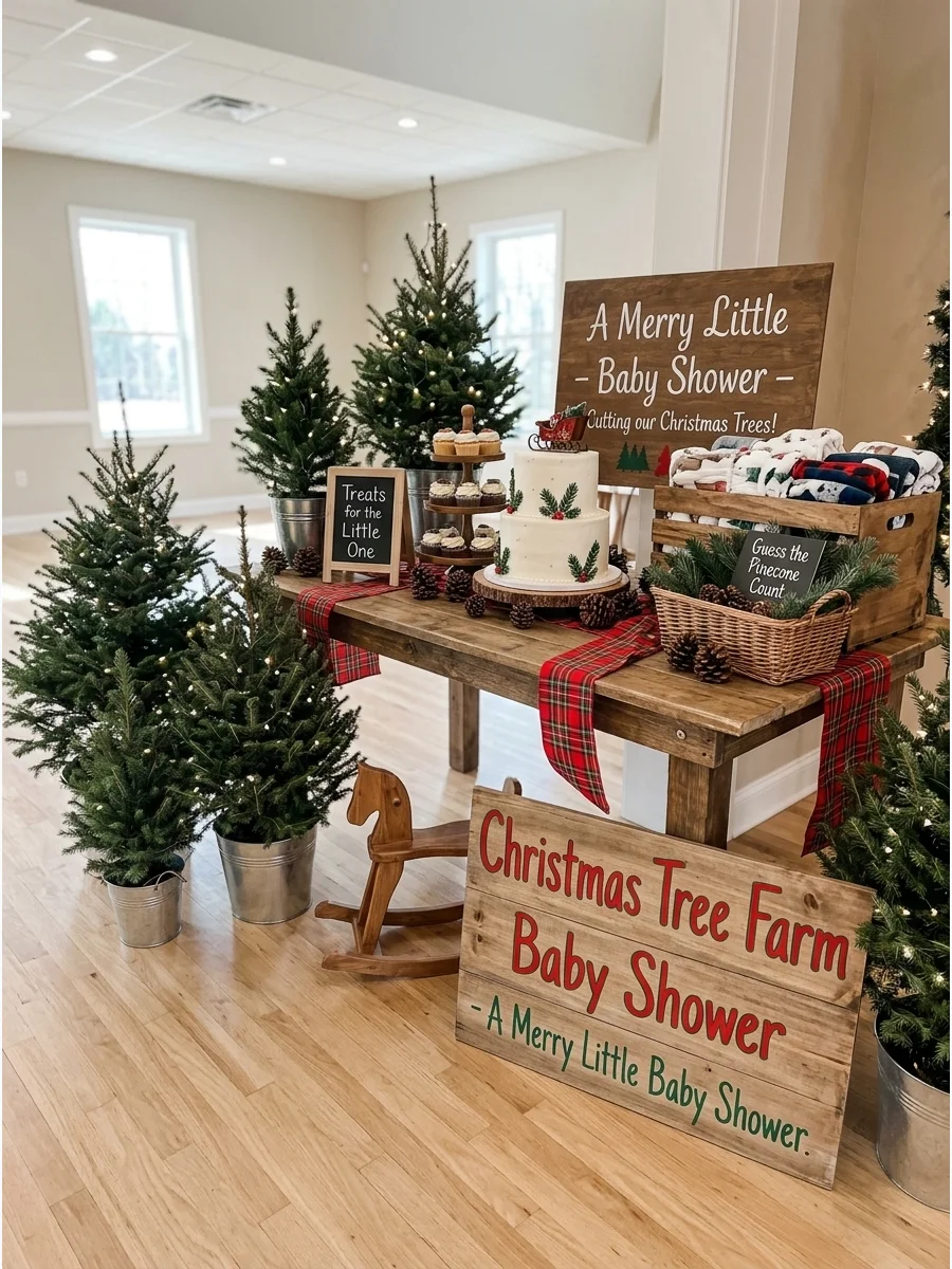 A Christmas tree farm theme with small pines and plaid.