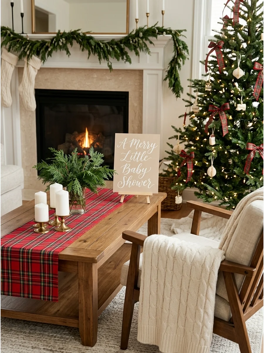 A living room with red plaid decor and a Christmas tree.