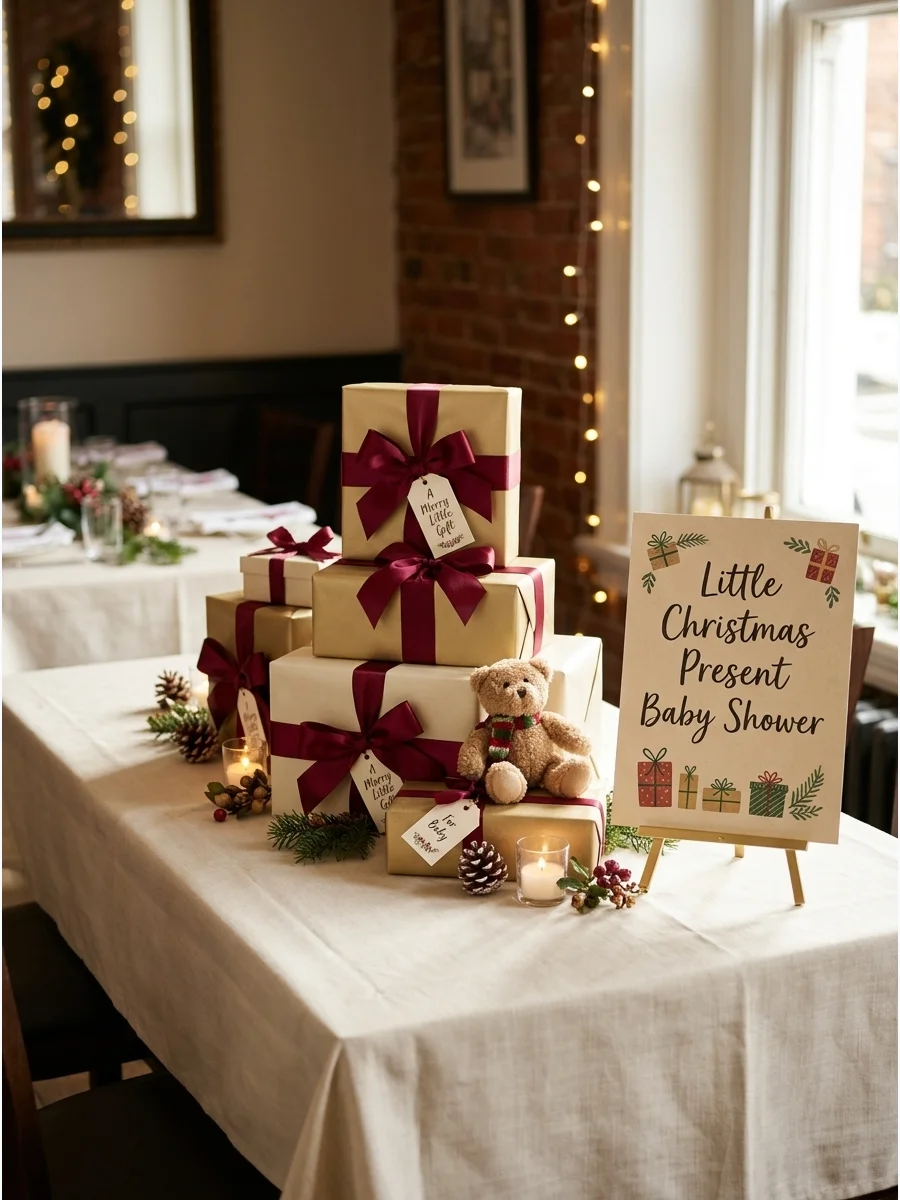 A table centerpiece made of wrapped gift boxes and bows.