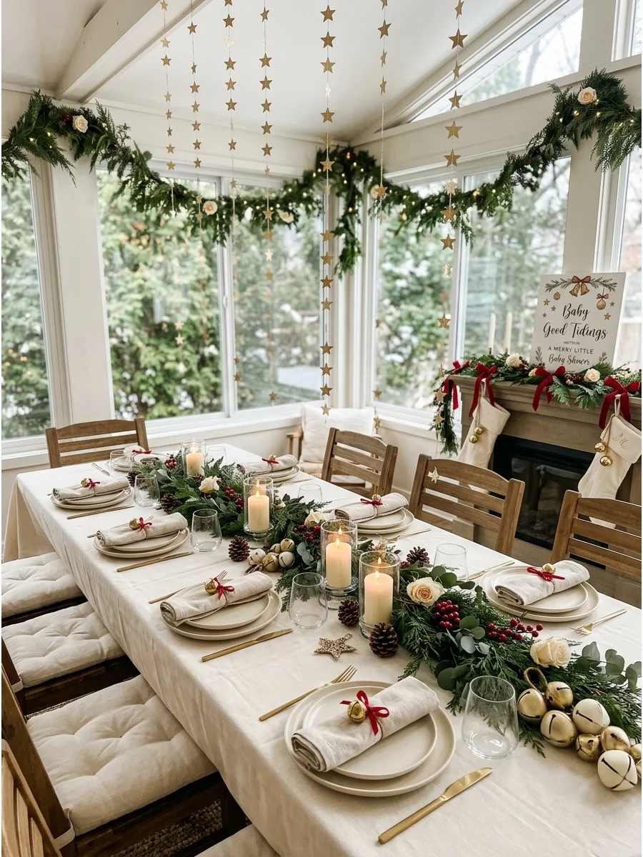 A bright room with gold stars and holiday bells.