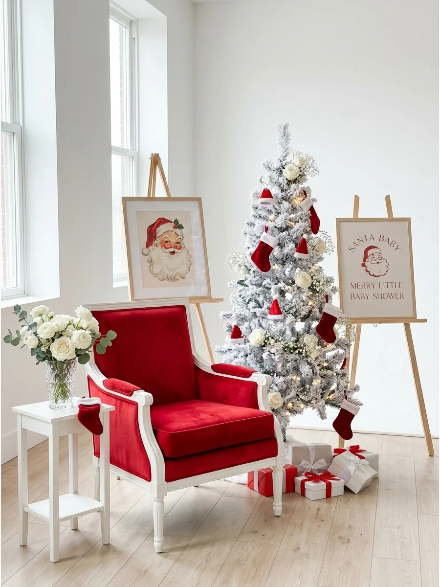 A Santa-themed baby shower with red velvet and vintage art.