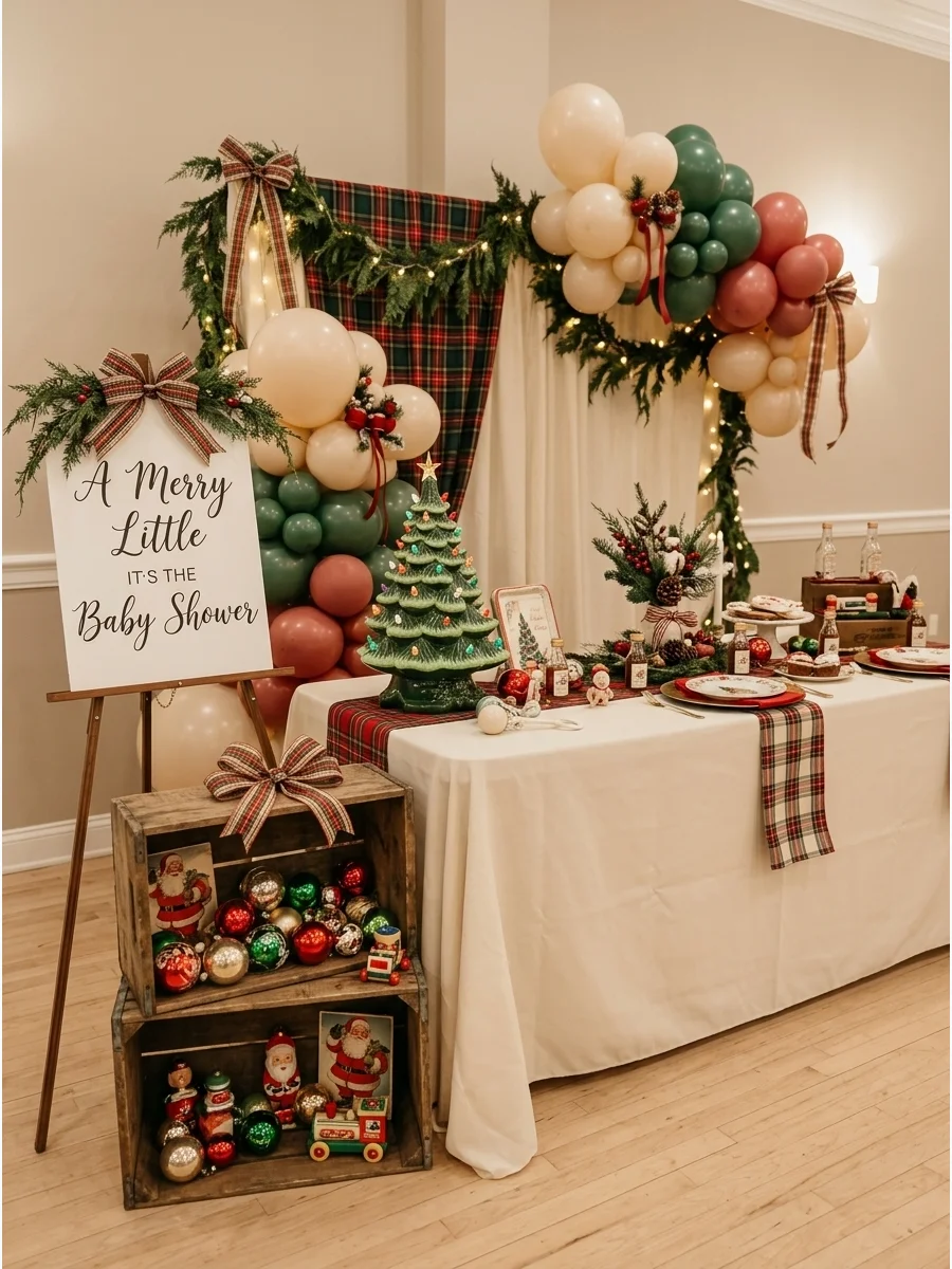 Vintage Christmas decorations and a ceramic tree on a wooden table.