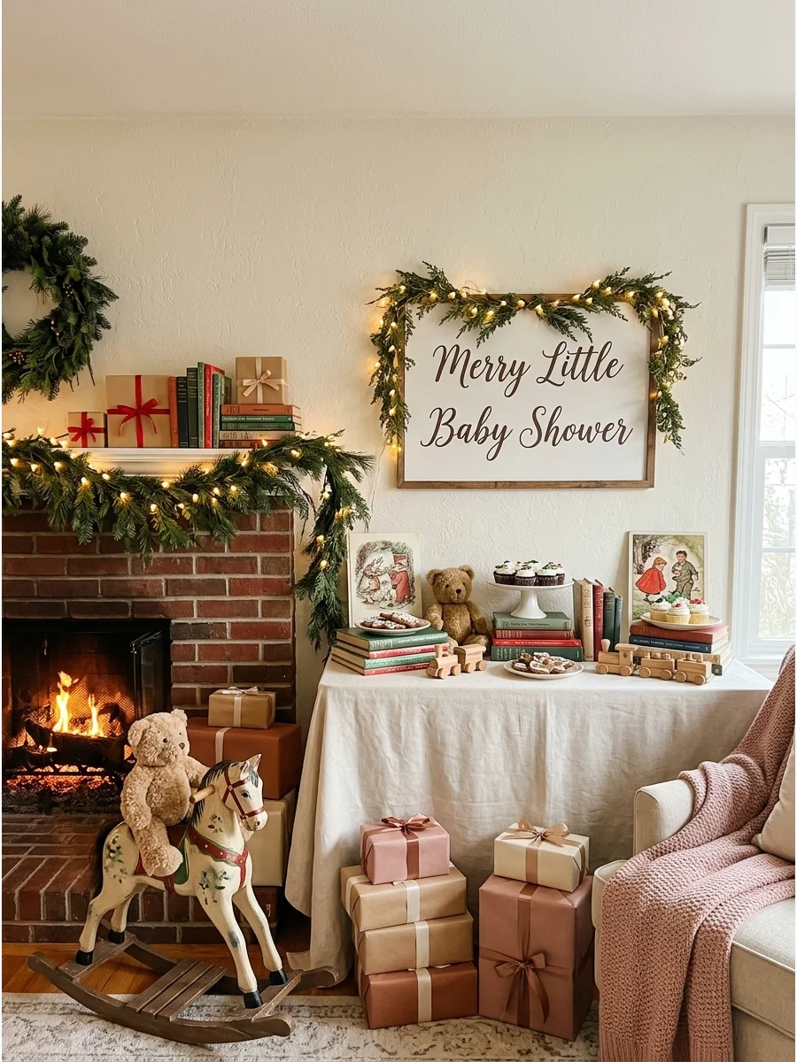 A storybook-themed shower with a rocking horse and books.