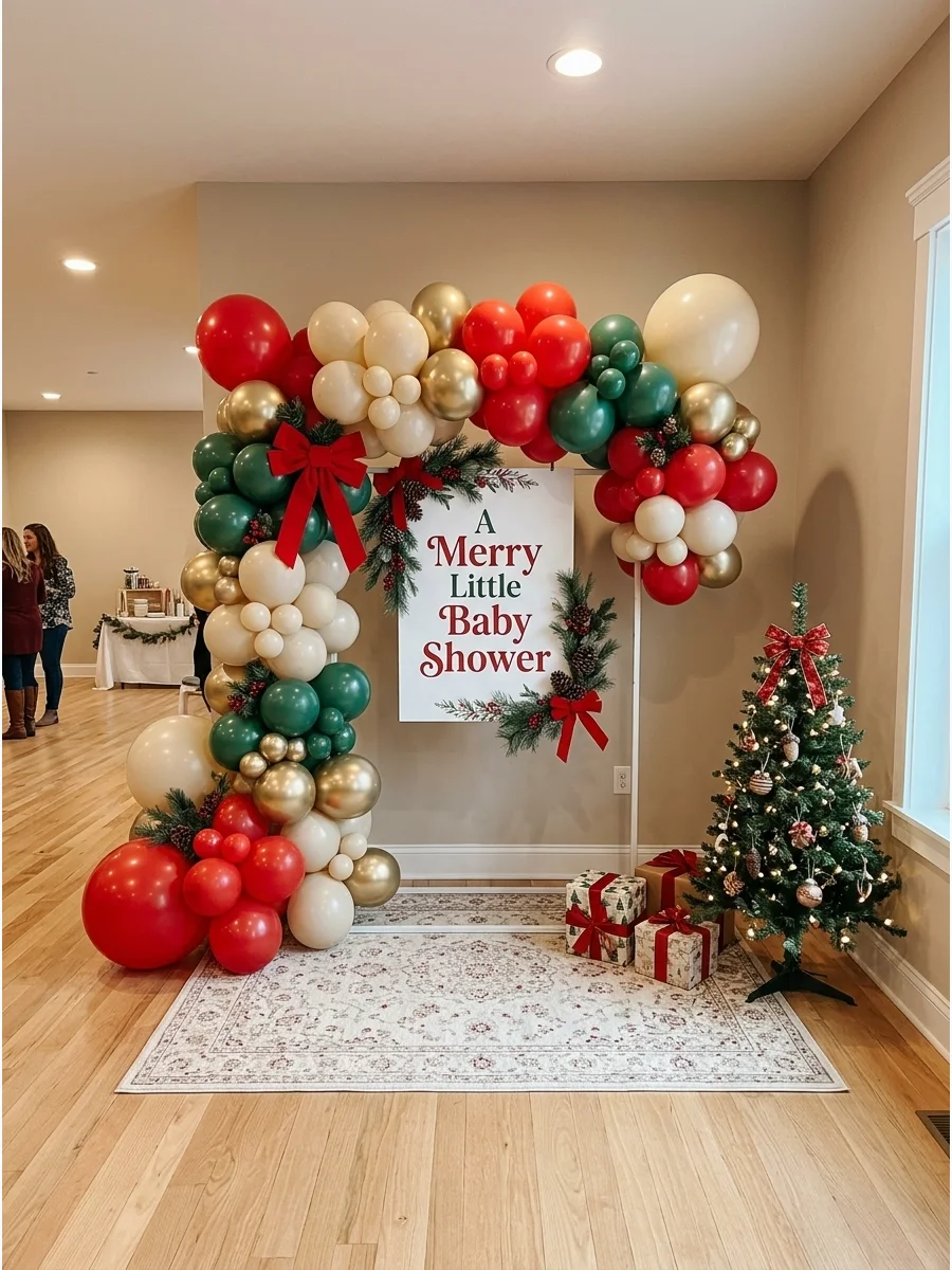 A holiday balloon arch with red and cream colors near a baby shower sign.