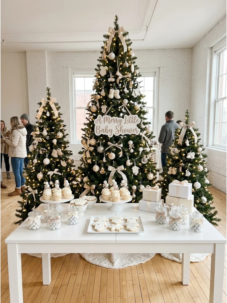 Three decorated Christmas trees serving as a backdrop for a baby shower table.