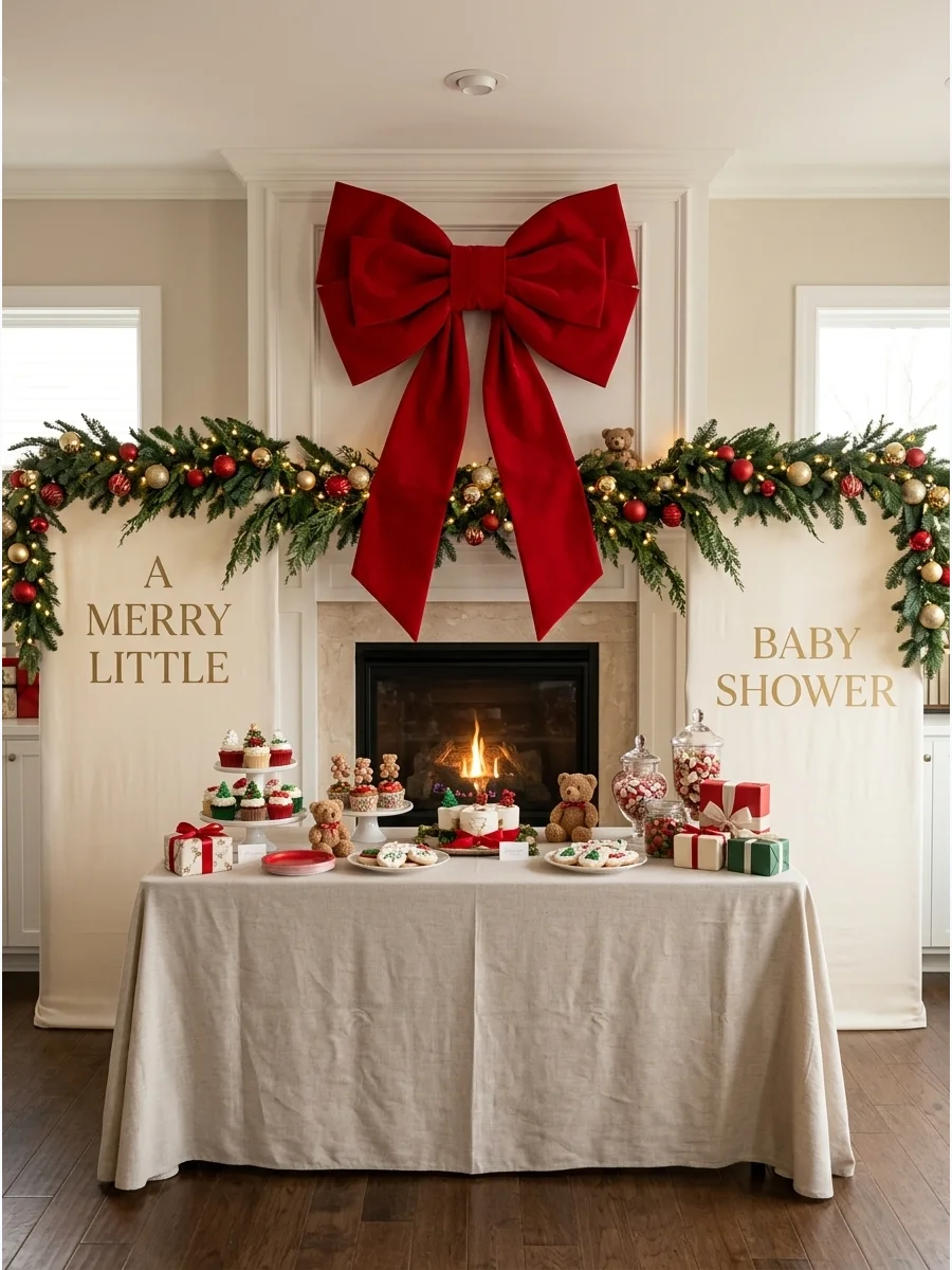 A large red bow and evergreen garland hanging on a living room wall.