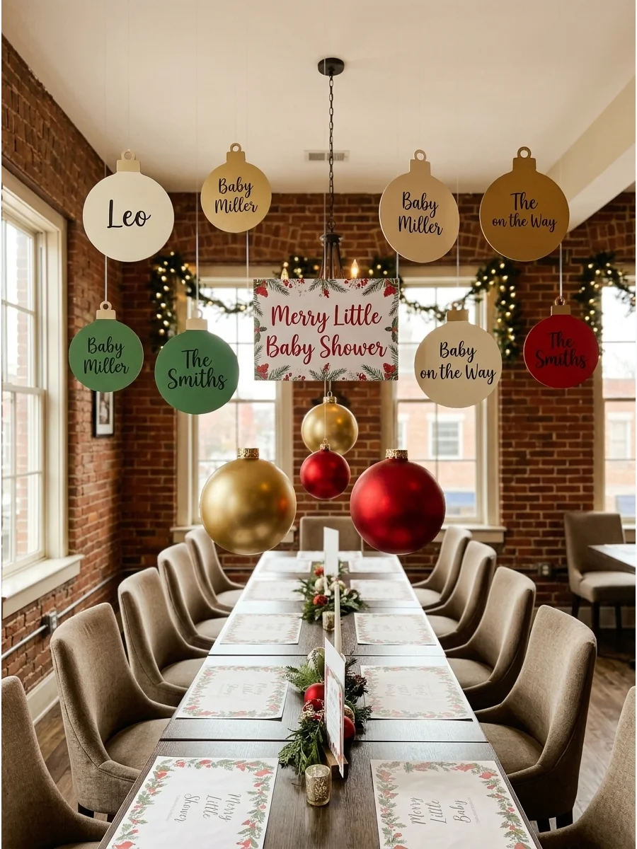 Large hanging ornaments personalized with a baby's name in a dining room.