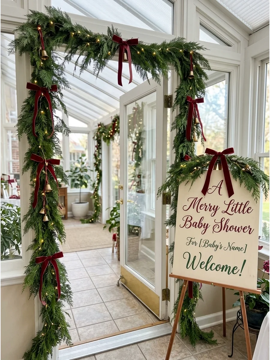 A doorway framed with evergreen garland and red bows for a baby shower.