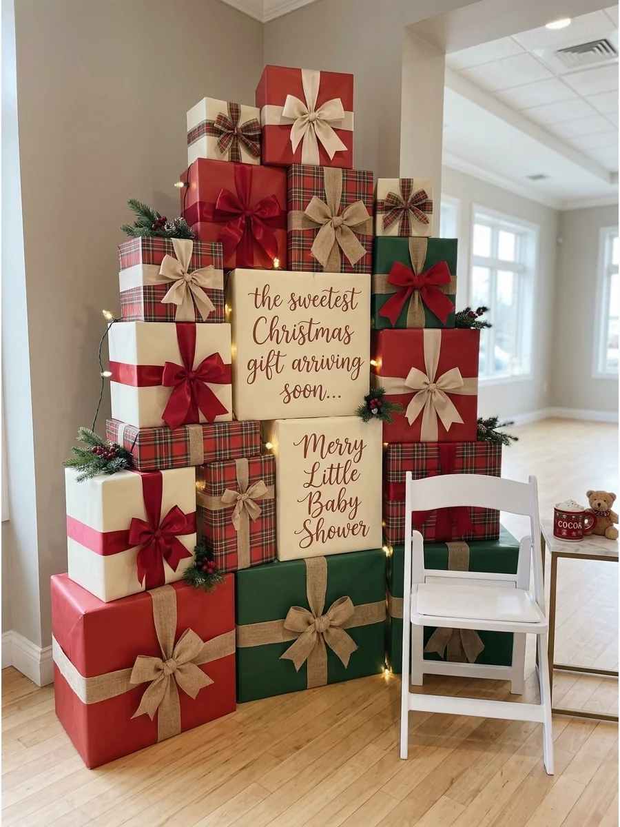 A stack of decorative Christmas presents used as a photo backdrop.