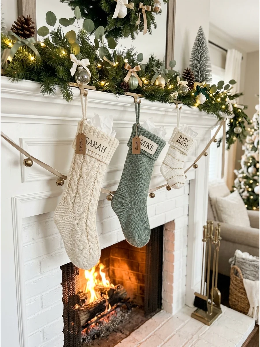 Personalized Christmas stockings hanging on a mantle for a baby shower.