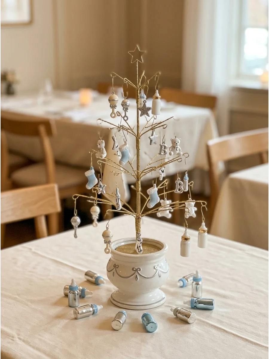 A tabletop Christmas tree decorated with baby-themed ornaments.