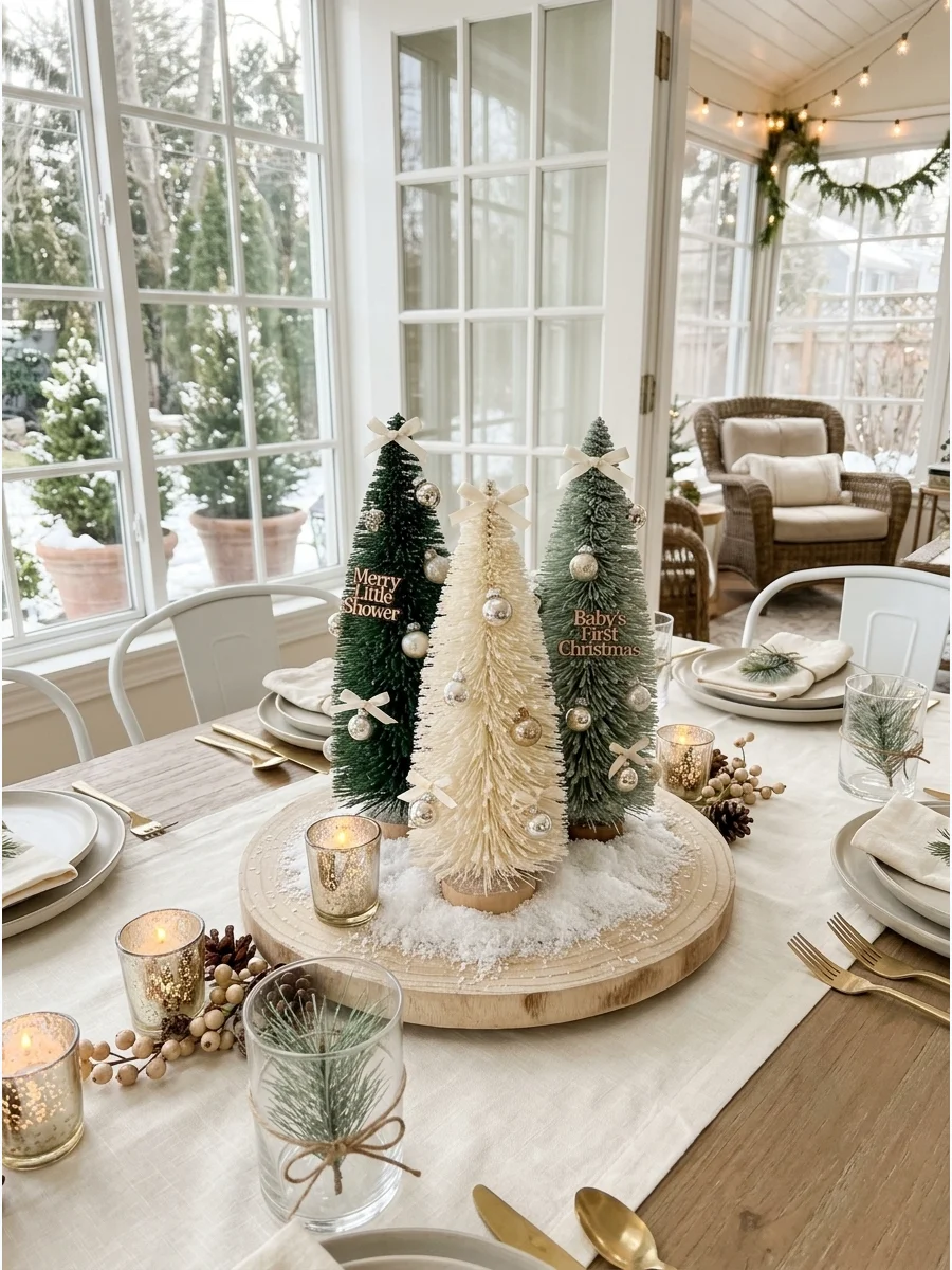 Bottlebrush tree centerpieces on wood slices for a holiday table.