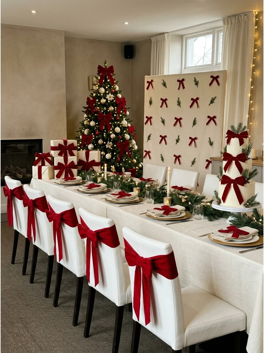 Dining room with red velvet bows on chairs and table settings.