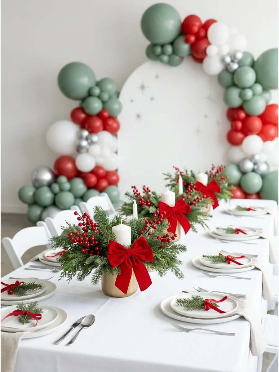 Low evergreen arrangements with red bows on a baby shower table.
