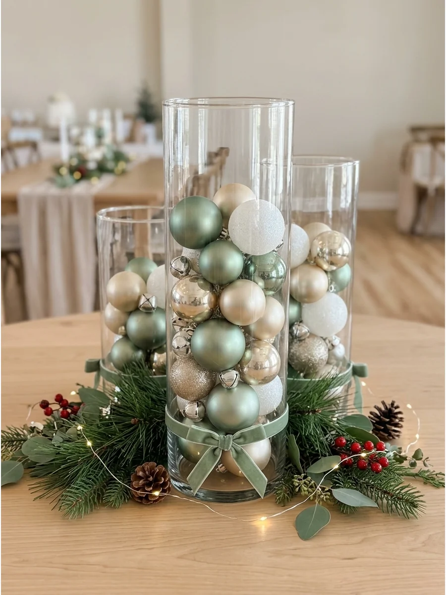 Glass vases filled with sage and gold ornaments on a wooden table.